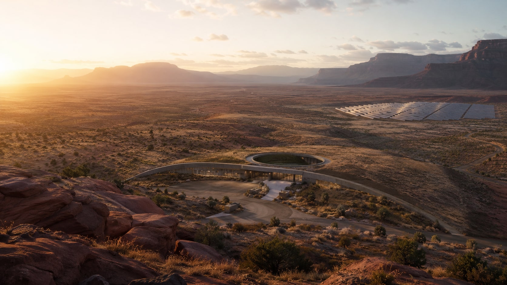 A high-desert research campus and solar array set among red-rock mesas at golden hour.